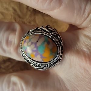 Beautiful silver tone ring with multicolored stone,  size 9